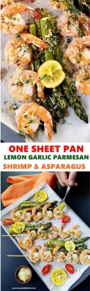colse up and a collage of Parmesan shrimp skewers