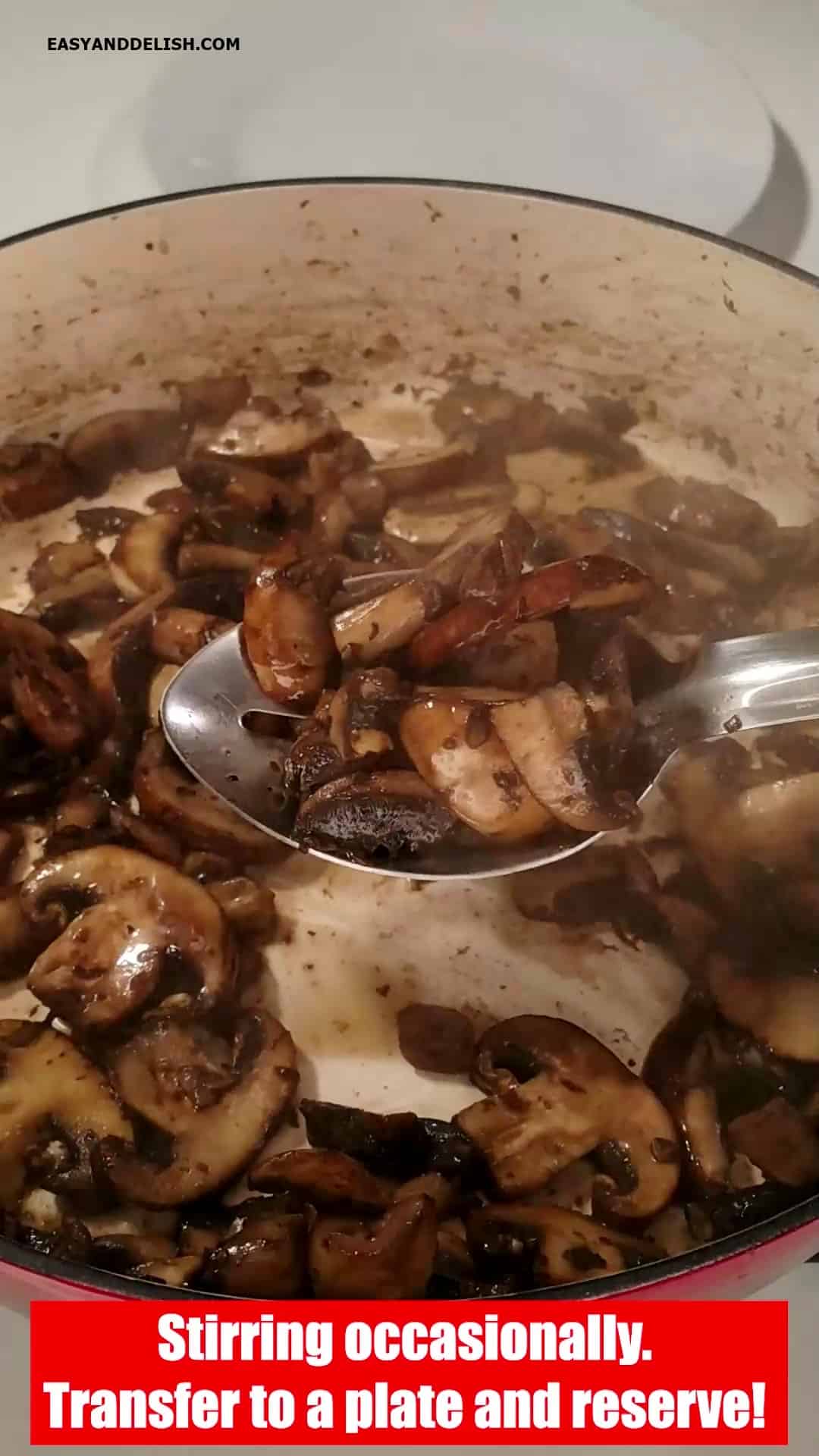 Browning the mushrooms in a pan.