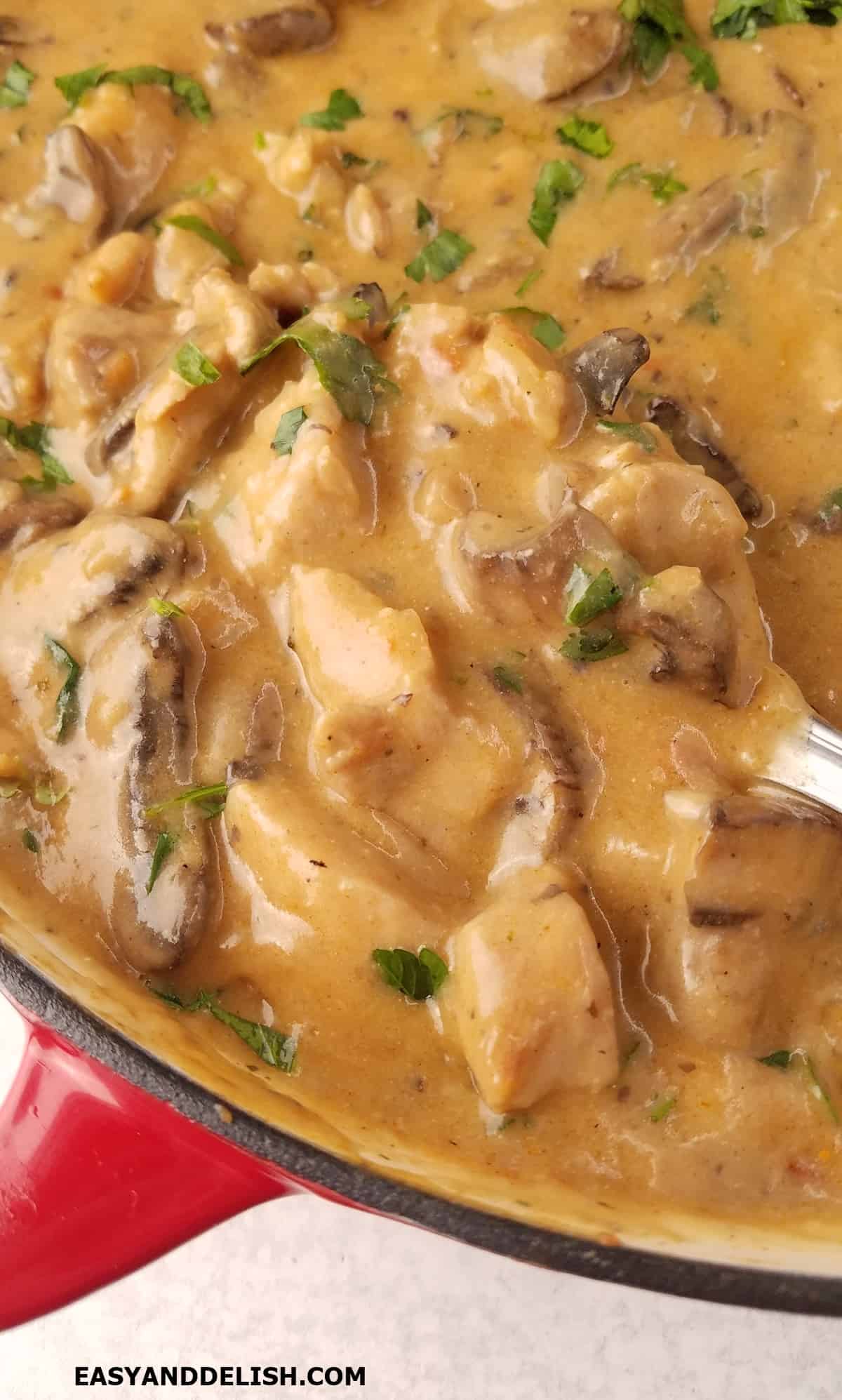 Close up of a pan with a creamy stew.