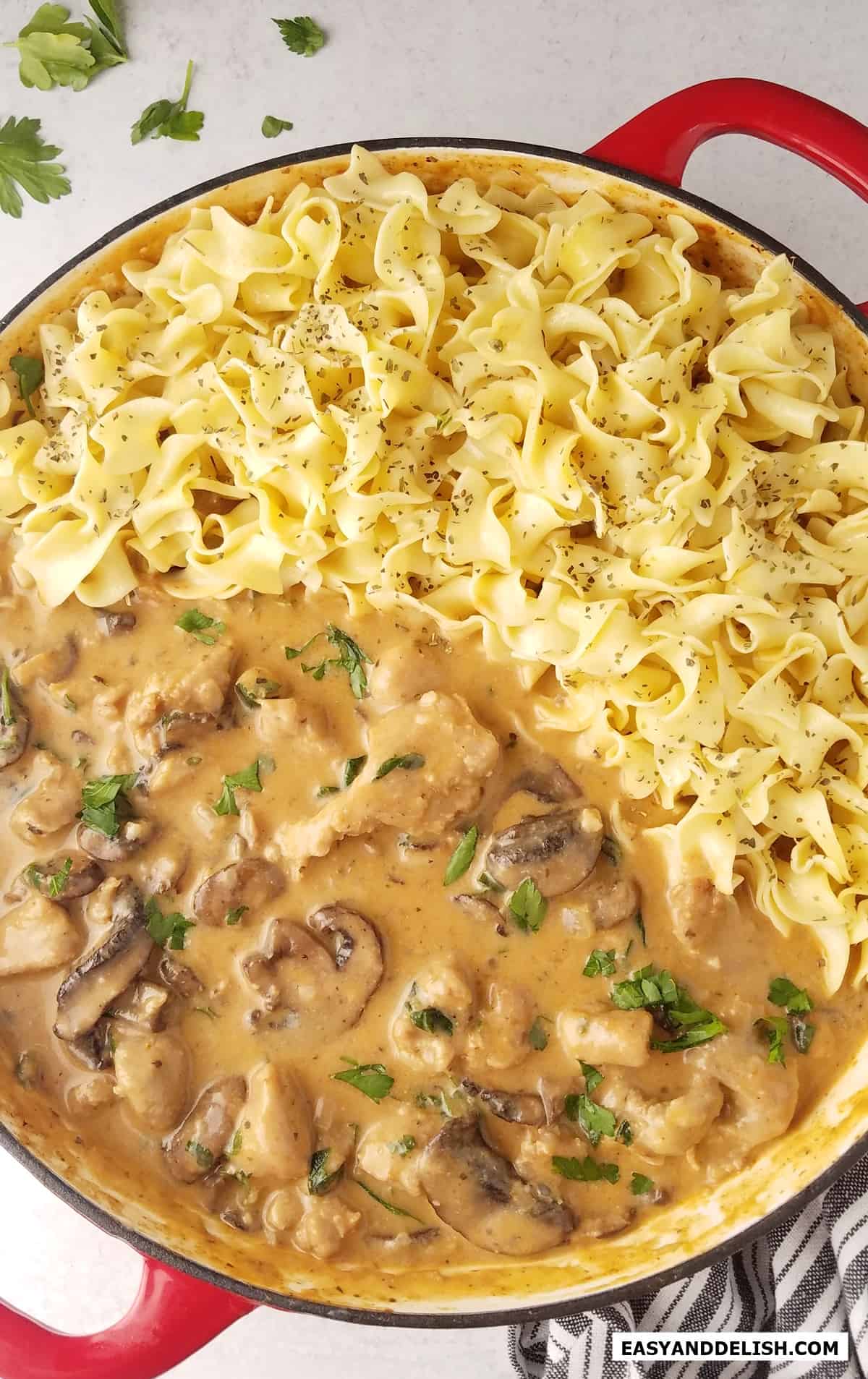 A closeup of a pan of pork stroganoff with noodles. 