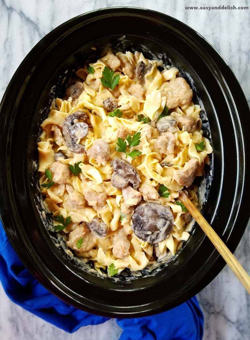 close up of slow cooker pork stroganoff