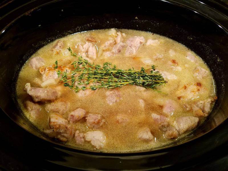 pork stroganoff being cooked in the slow cooker