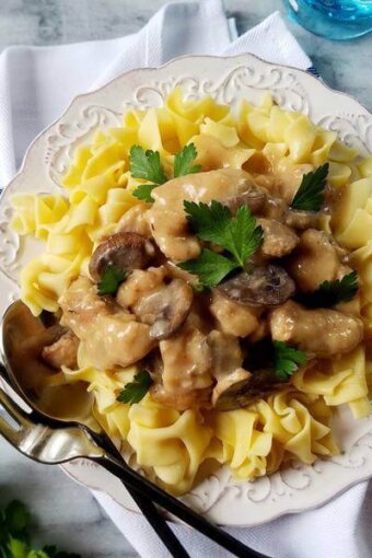 slow cooker pork stroganoff over egg noodles in a plate