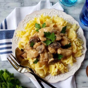 slow cooker pork stroganoff over egg noodles in a plate
