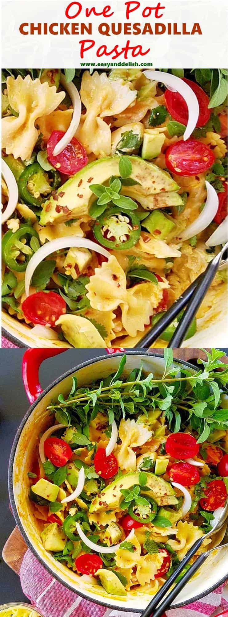 Two combined close up images of one pot chicken quesadilla pasta 