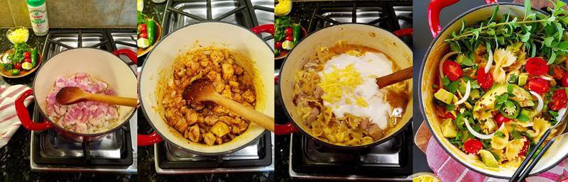 Four combined images showing how to make one pot chicken quesadilla pasta