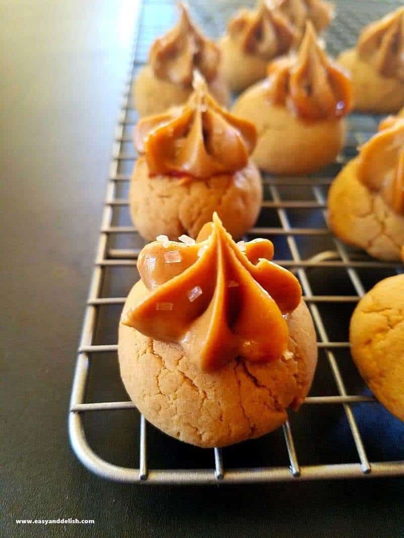 A close up of sugar-free cookies topped with peanut butter