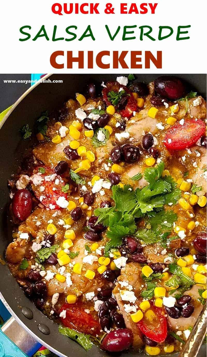 close up of salsa verde chicken in a skillet