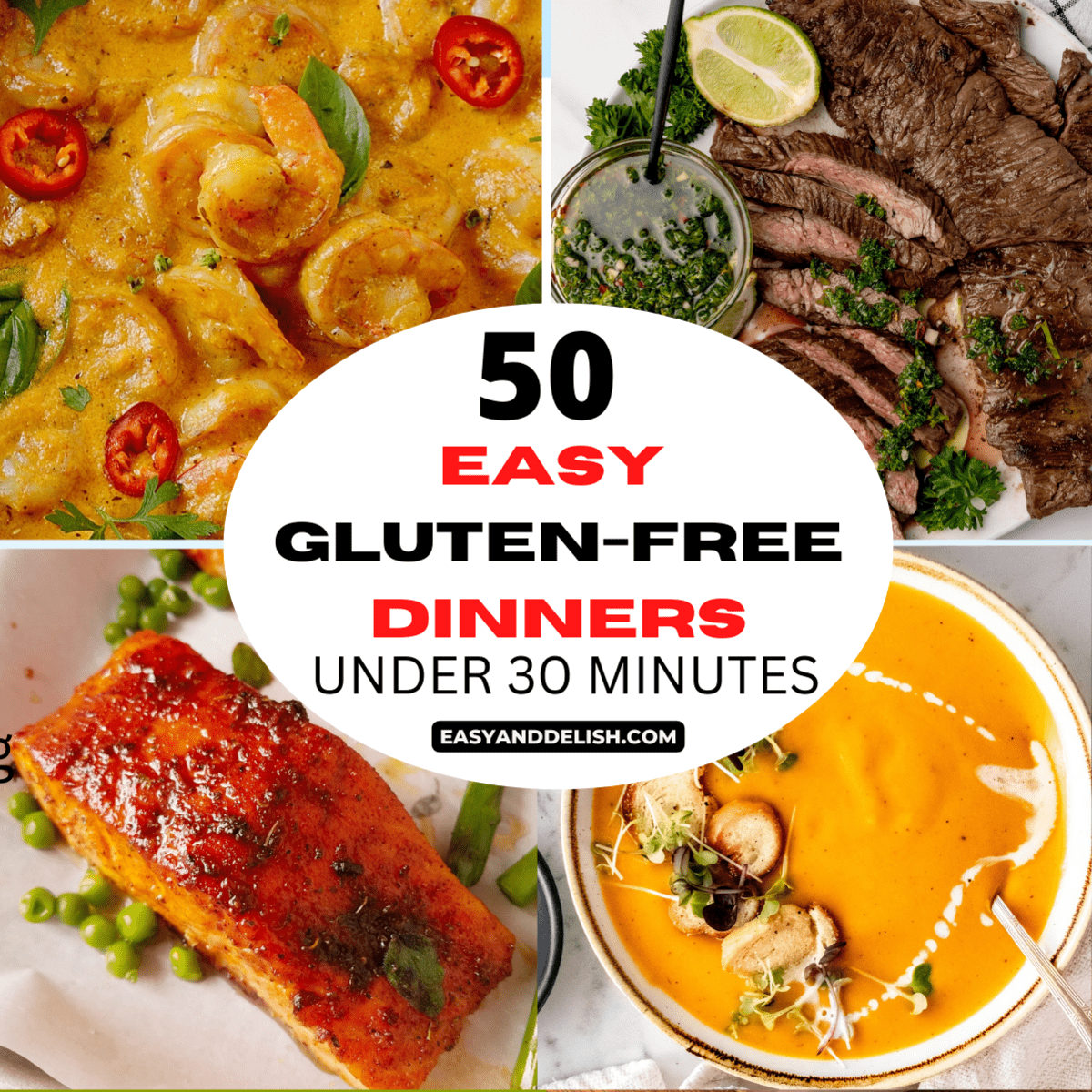 image collage shoing 4 out of 50 easy gluten-free dinners under 30 minutes