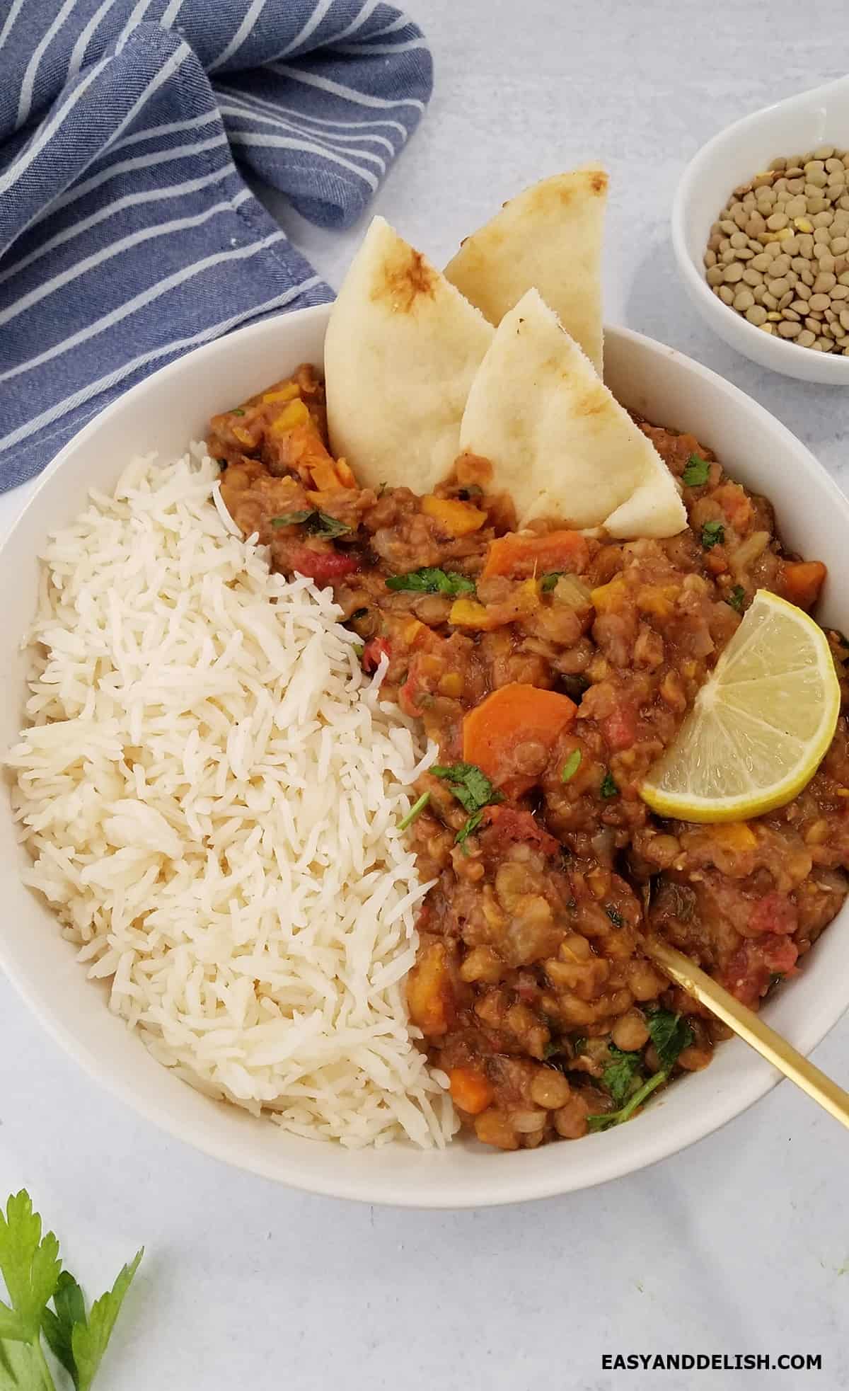 A bowl of Instant Pot lentils with some basmati rice and pieces of naan.