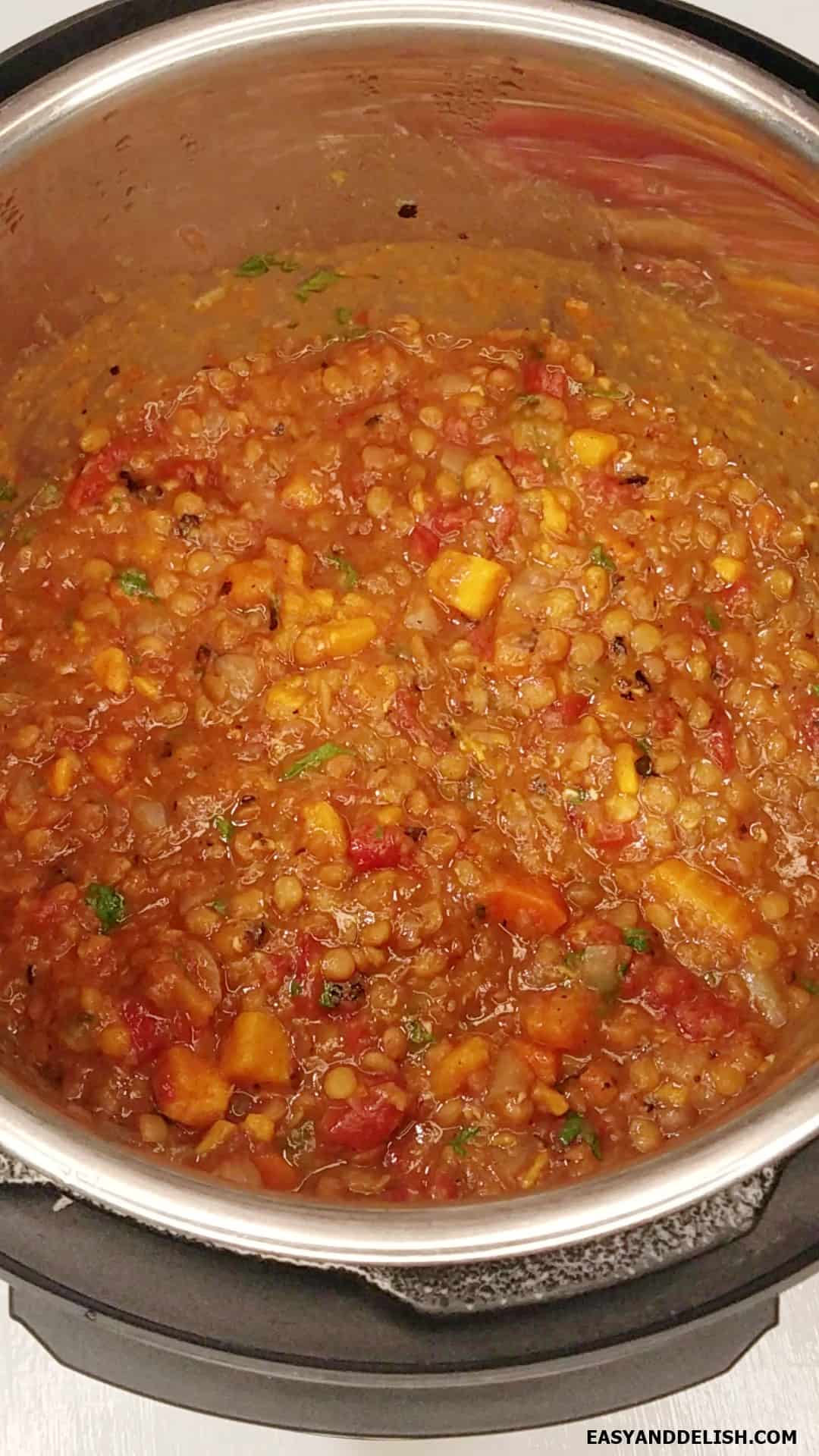 Cooked Moroccan lentil stew in the Instant Pot.