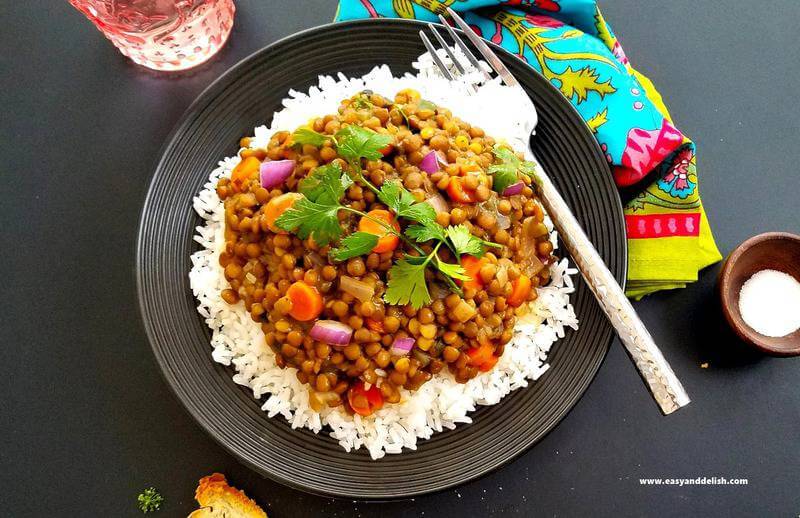 a plate of rice with easy lentil curry on top and a fork on the side