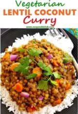 close up of easy lentil curry with basmati rice in a plate