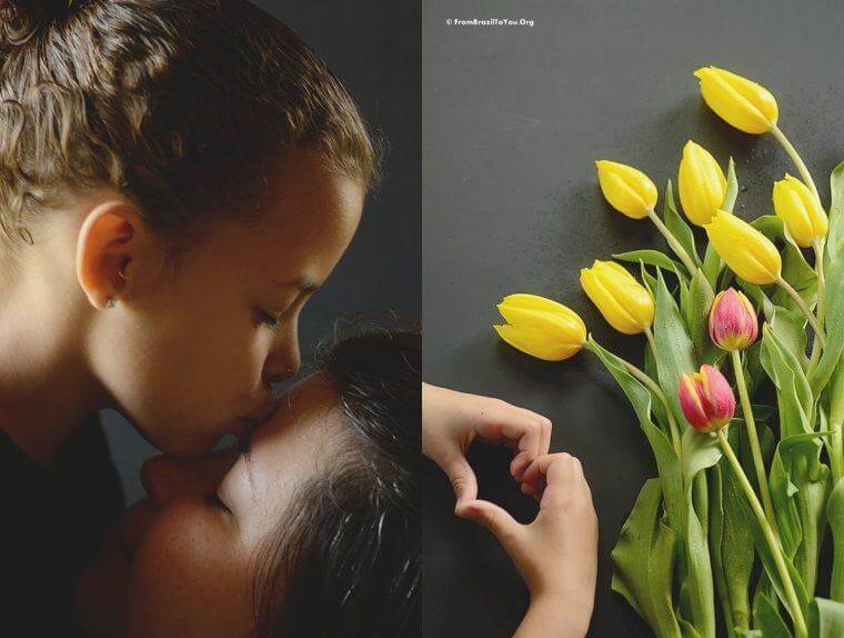 a person being kissed and flowers on the side
