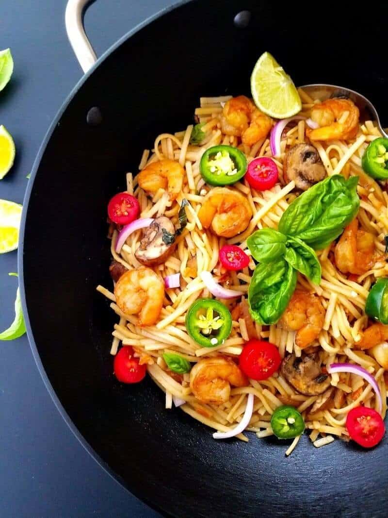 Shrimp Thai noodles in a wok