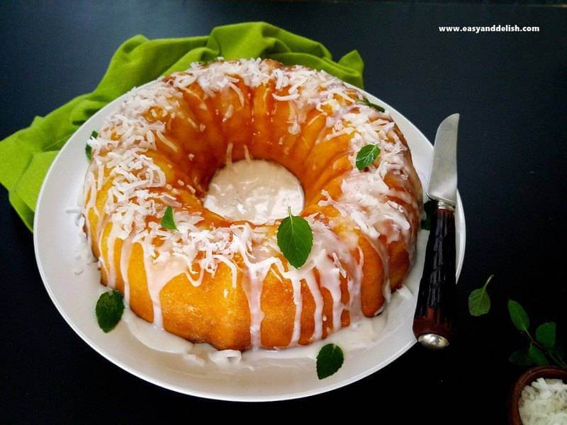 magic custard cake whole with knife on the side