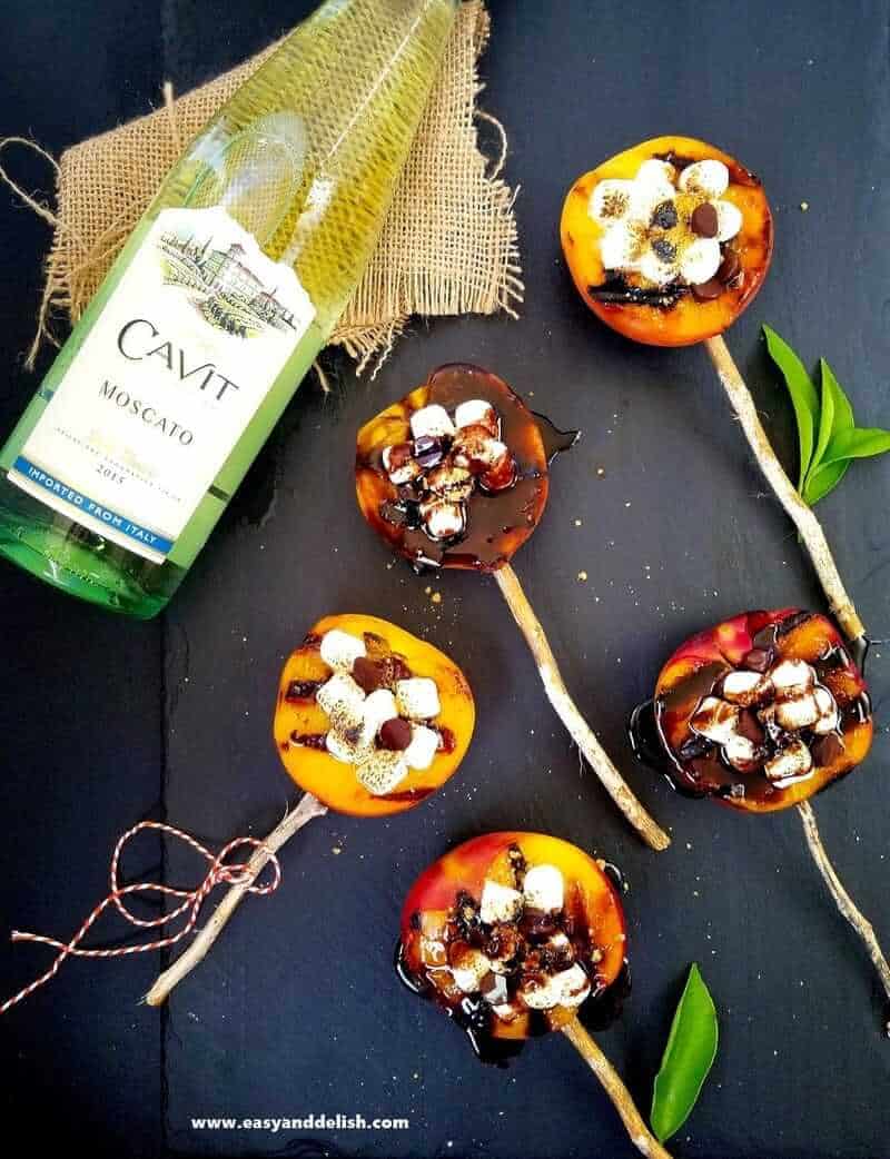 grilled peach smores with a  bottle of wine on the side