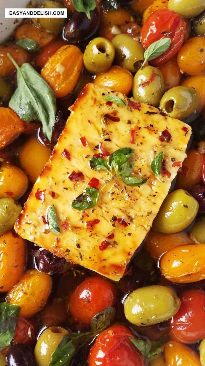 close up of Greek appetizer in a baking dish after coming out of the oven