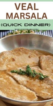 Close up of a skillet with veal marsala.