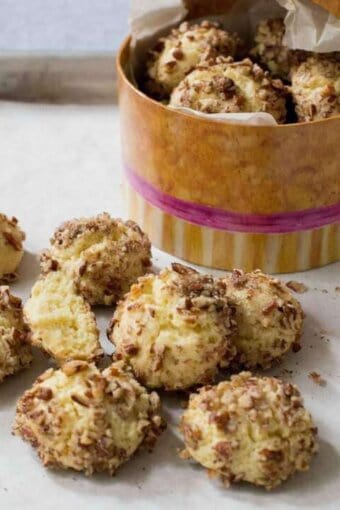 cookies on a table and a box