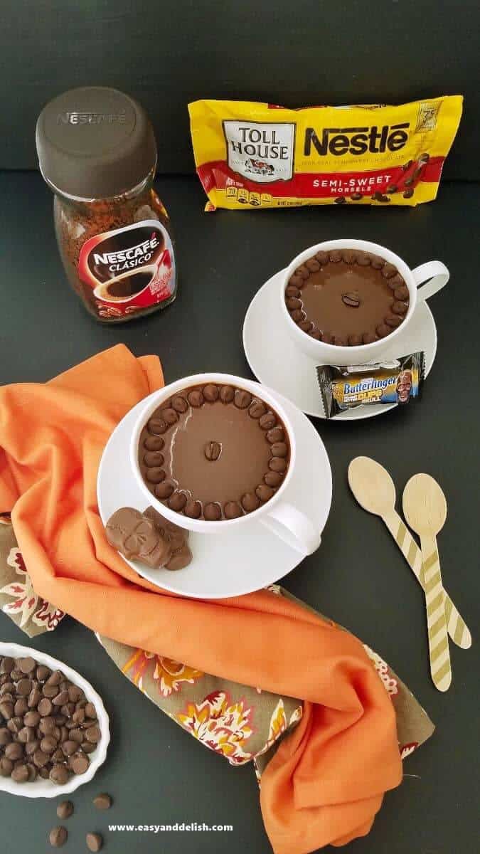 coffee fudge cups with a jar of Instant coffee on the background plus chocolate chips