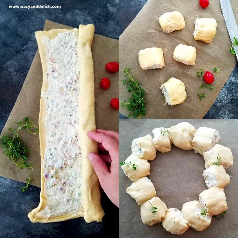 collage showing how to make bacon cream cheese breakfast ring