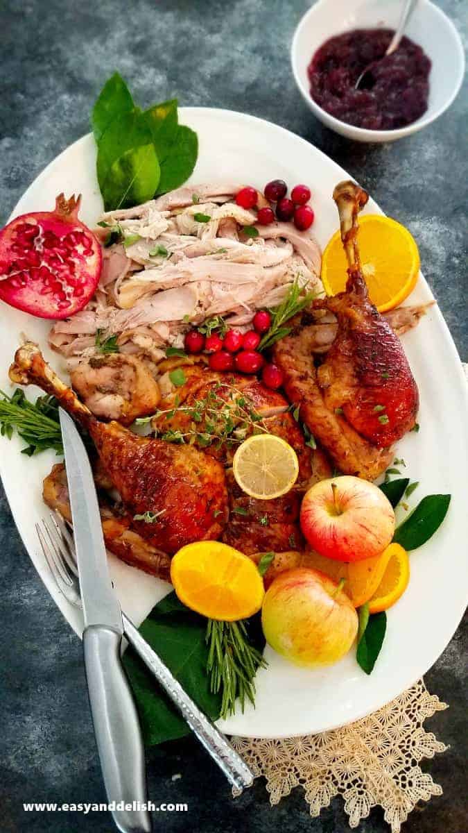 carved roast turkey in a platter