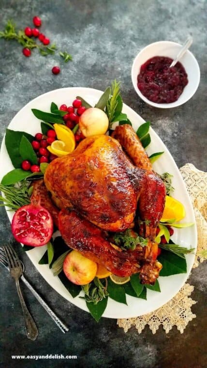 Brined Whole Turkey in a platter