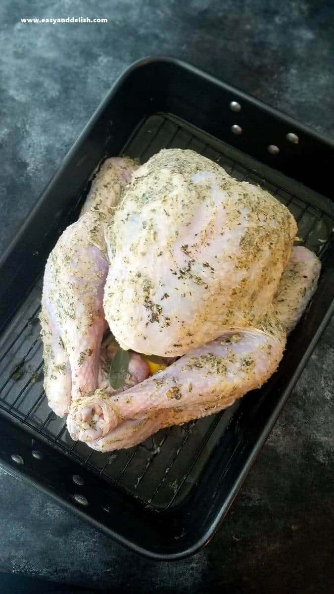 Bird brined and rubbed with butter and seasonings on a roasting pan.