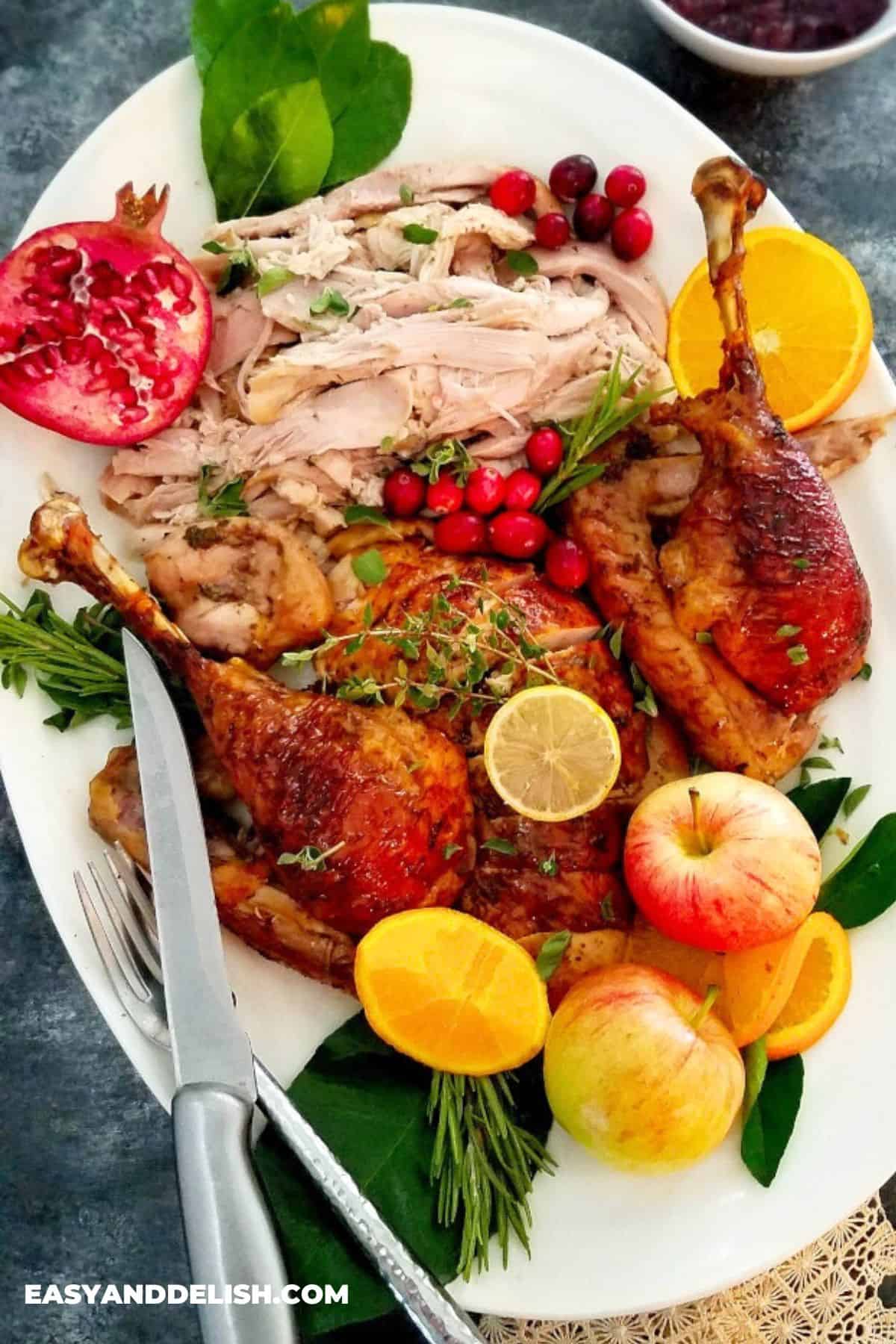 A platter with carved roast poultry.