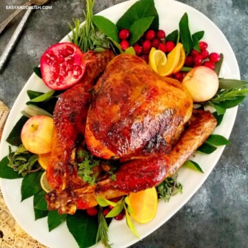 Tender and juicy roast turkey that has been marinated in our best turkey brine.