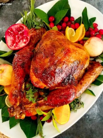 Tender and juicy roast turkey that has been marinated in our best turkey brine.