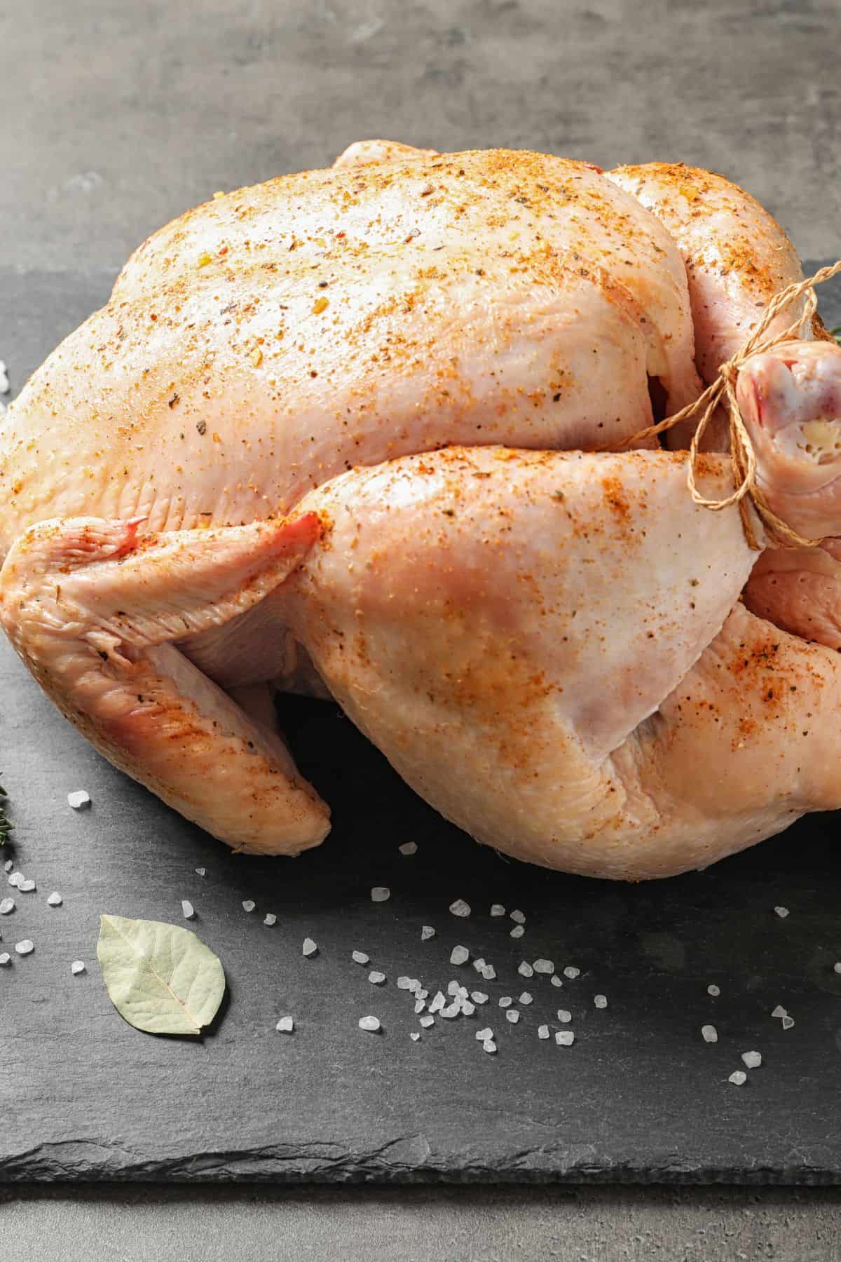 Dry brined turkey on a cutting board. 