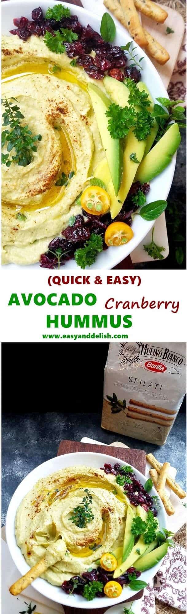 Avocado Hummus Recipe is a no cooking, quick and easy appetizer made with a few simple ingredients, and served with olive breadsticks. It’s perfect for the Holidays! #appetizer 3dip #hummus #avocado #holidays #glutenfree #dairyfree 2 collage images with close up of the avocado hummus