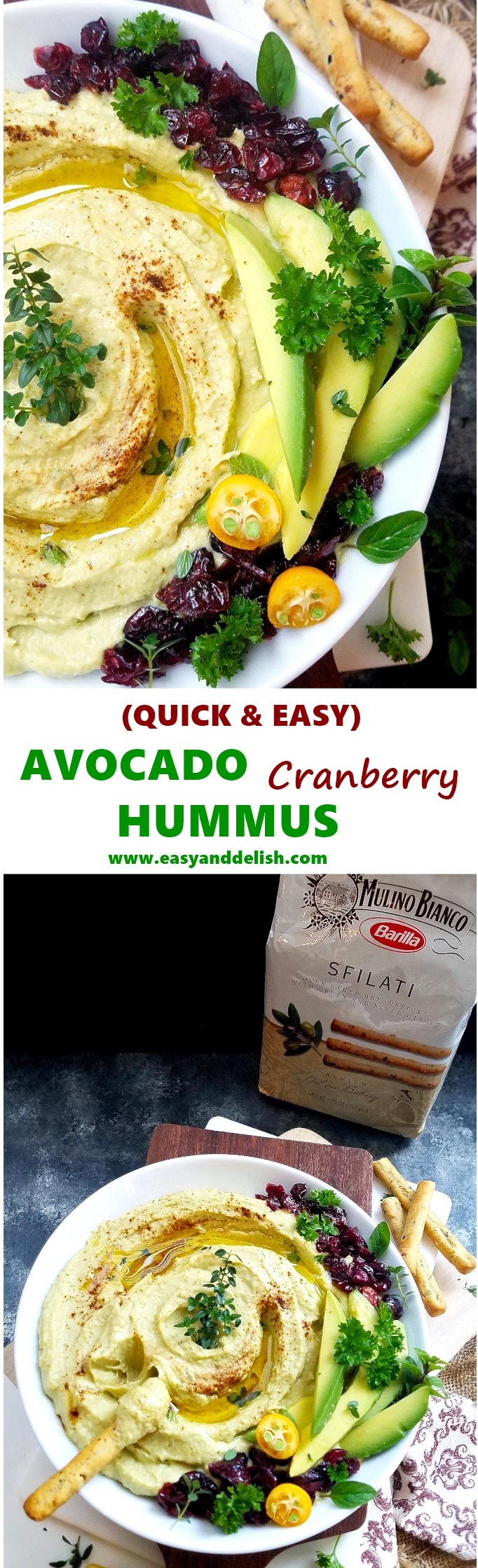 2 collage images with close up of the avocado hummus 