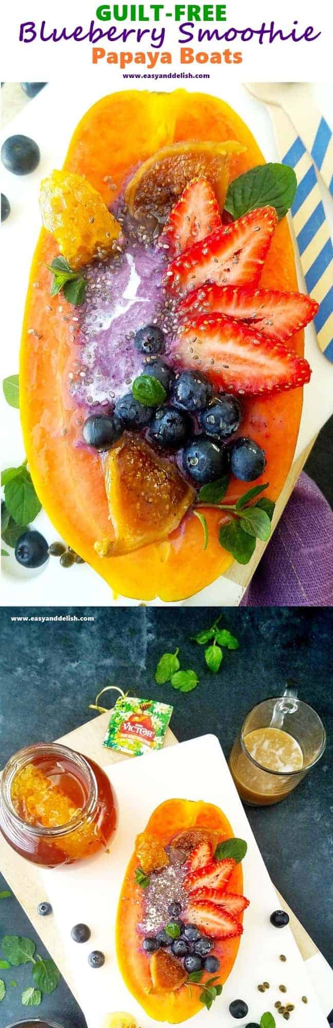 collage of blueberry smoothie papaya boats