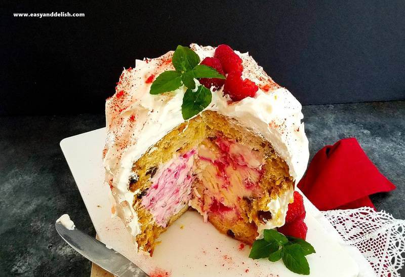 baked Alaska panettone on a platter sliced