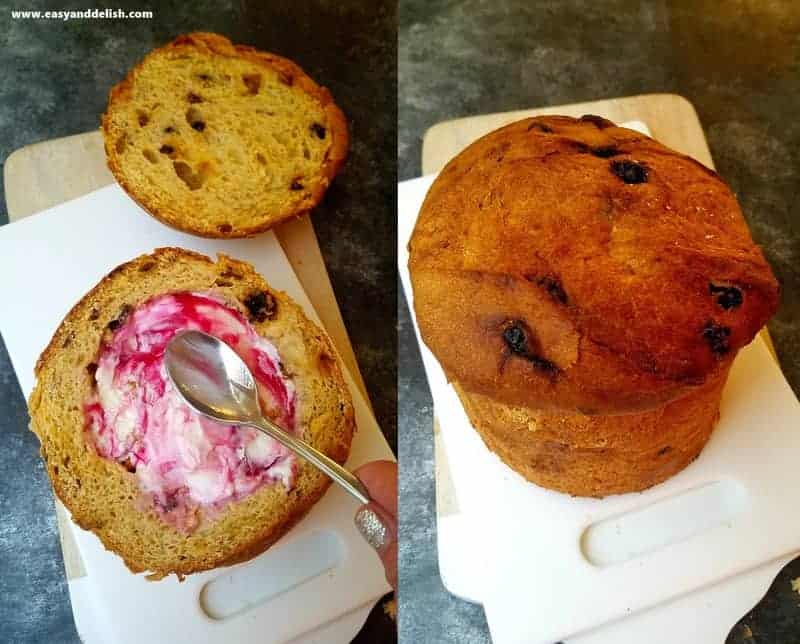 baked Alaska panettone being filled with ice cream (collage)