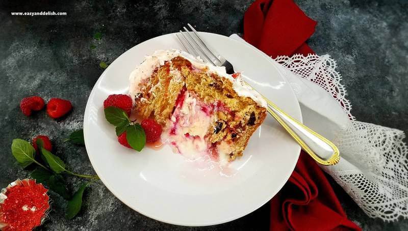 a slice of baked Alaska panettone on a plate with a fork on the side