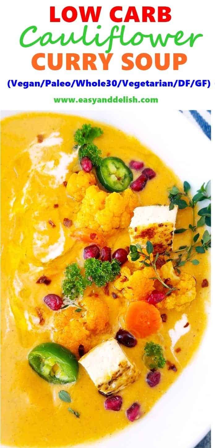 close up image for a bowl of cauliflower curry soup