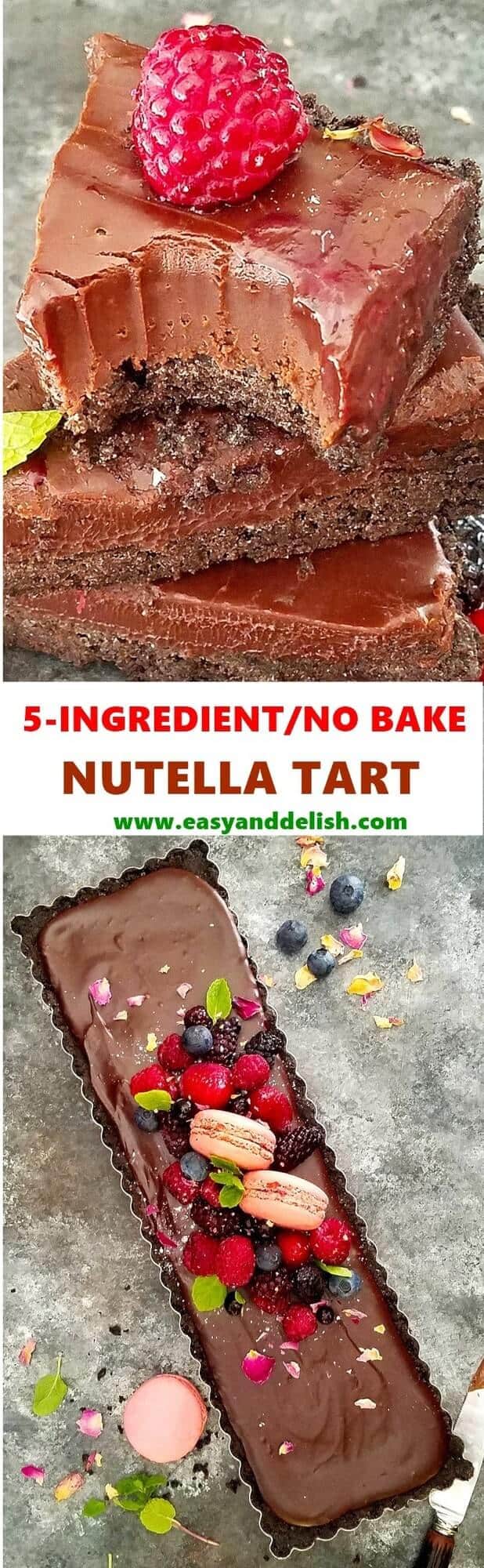 Combined close up image of No Bake Nutella Tart, sliced and piled on the top and whole tart on the bottom. 