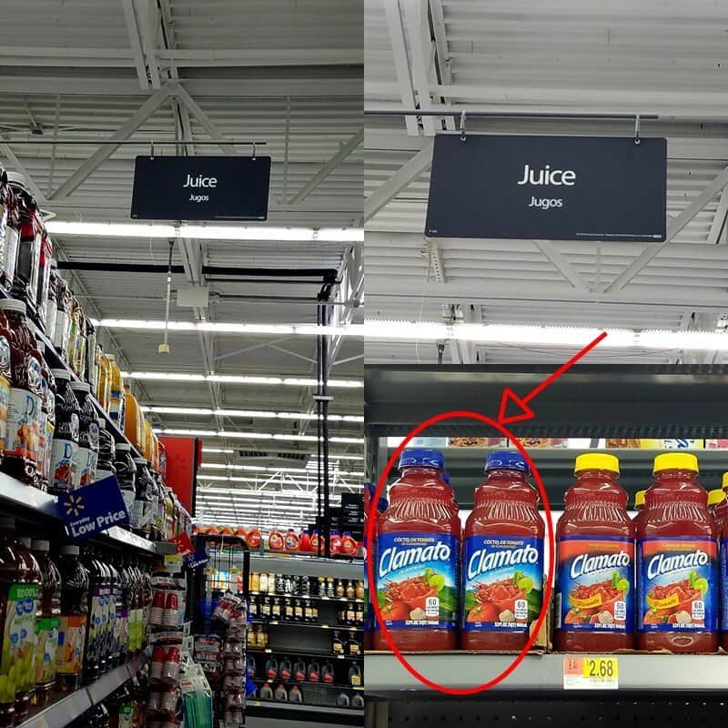 Combined images of Clamato juice bottles on Walmart shelves. 