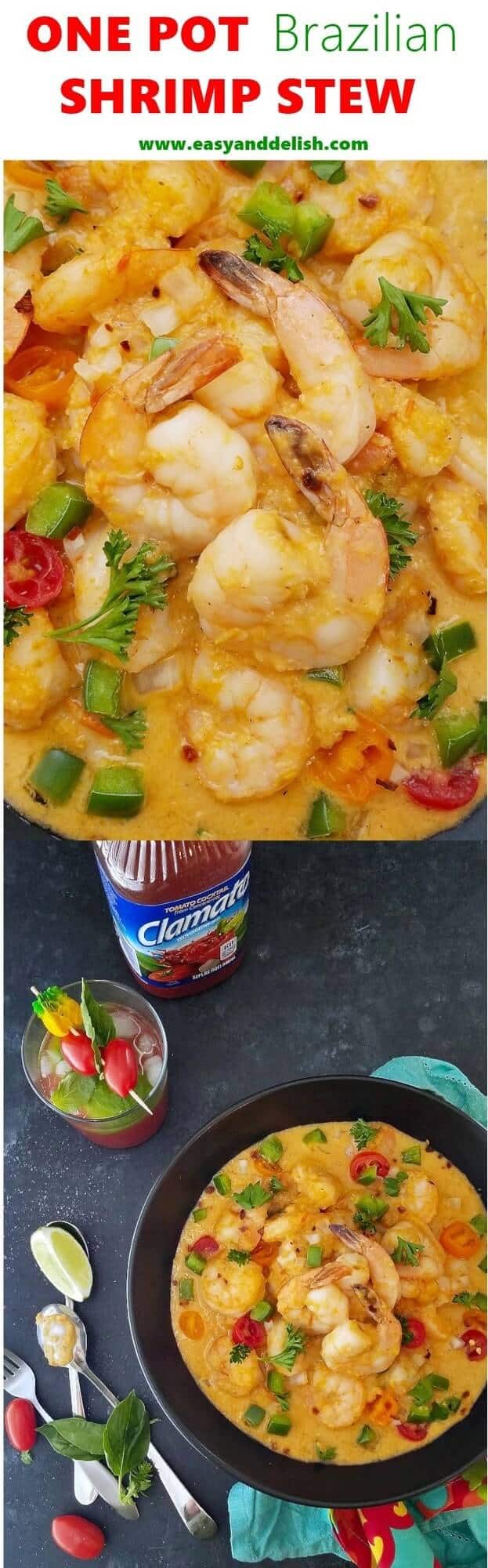 An One Pot Brazilian Shrimp Stew made from sauteed vegetables and shrimp cooked in coconut milk in less than 30 minutes. The perfect dish for Lent, Easter, or a weeknight meal any time of the year! Close up image of Brazilian shrimp stew