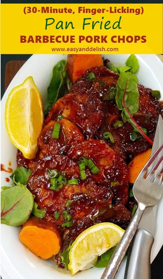 Close up image of pan fried barbecue pork chops on a platter