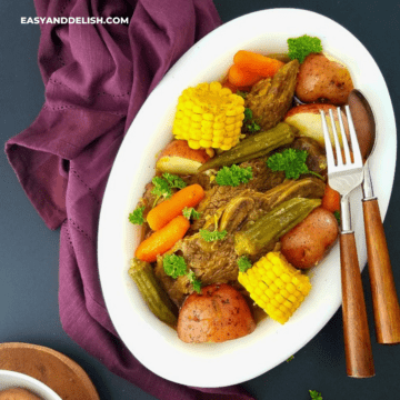 instant pot beef short ribs, rib pot roast style in a tray with veggies