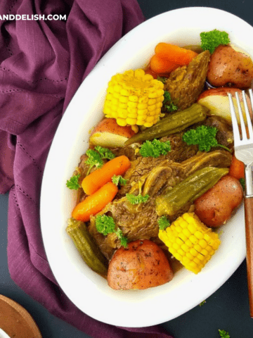 instant pot beef short ribs, rib pot roast style in a tray with veggies