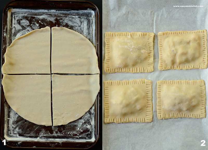 Two combined images of the making process of the hand pies -- one with crust rolled out and quartered and the other filled with the filling.