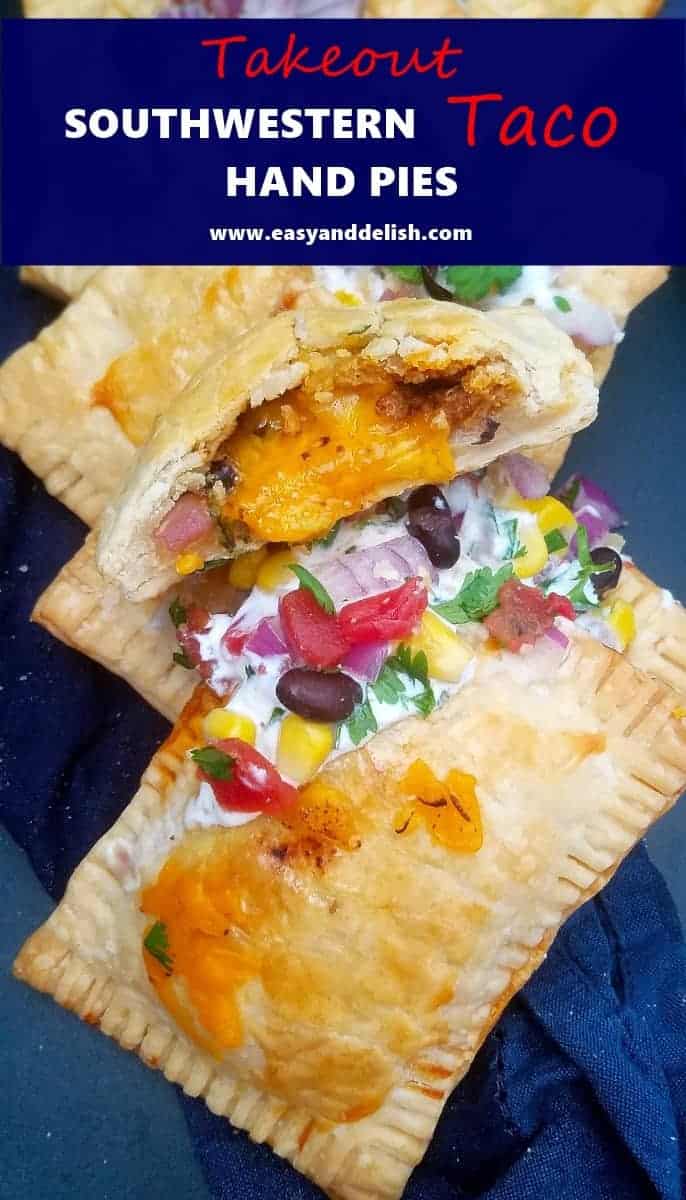 Close up image of Southwestern taco hand pies topped with sour cream and salsa.