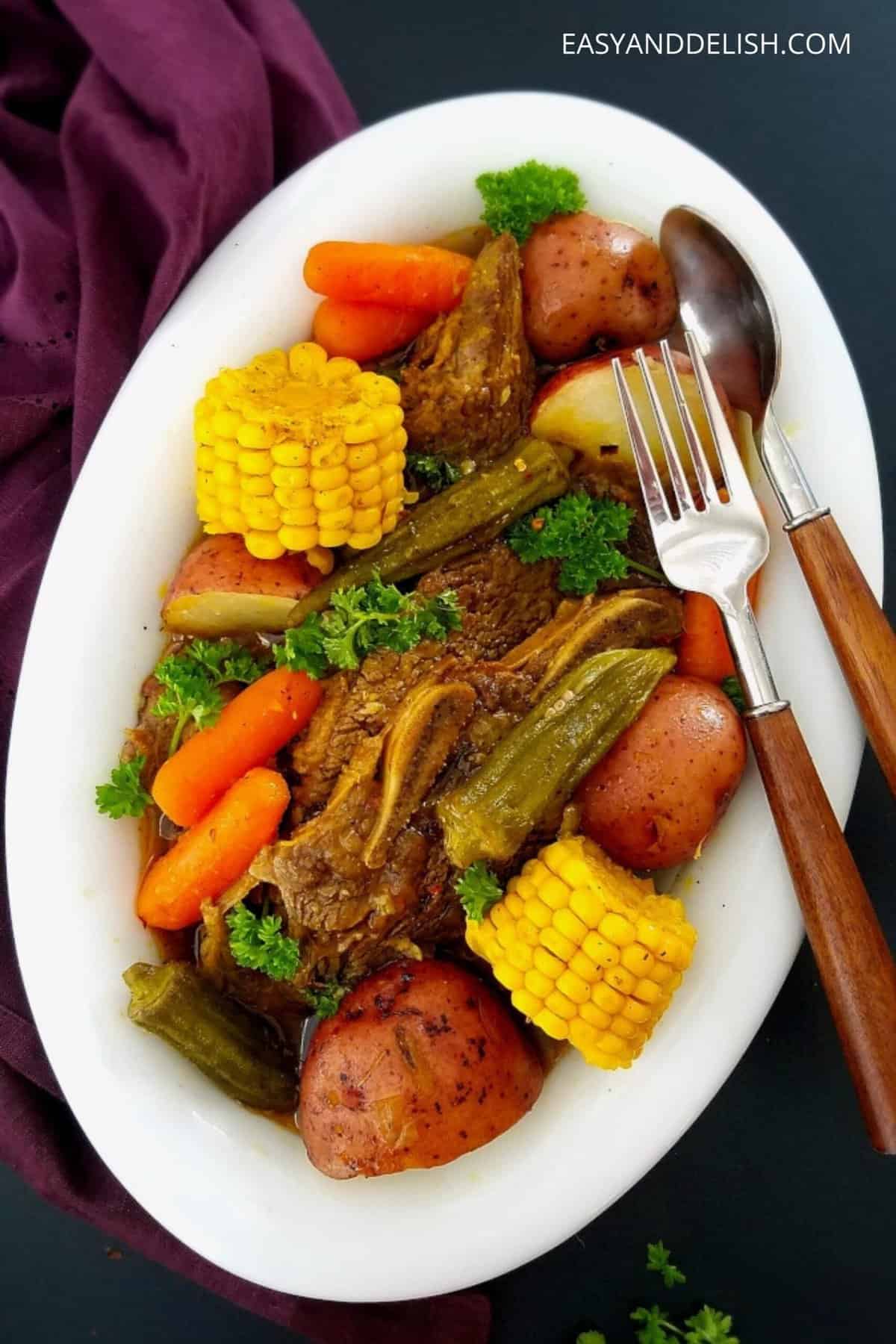 close up of instant pot beef short ribs in a platter, rib pot roast style