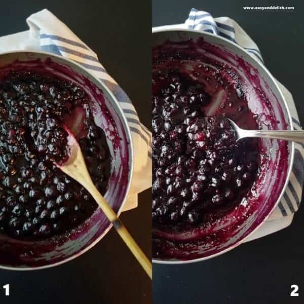 Two combined pictures of blueberry lemon sauce in a saucepan showing the process of how to make the sauce. 